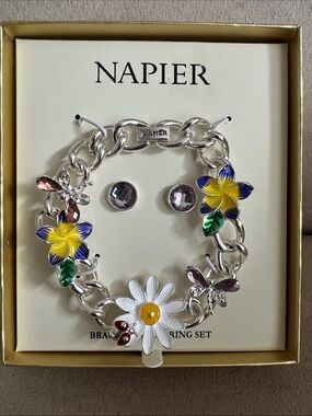 NWT Napier Silver-Tone Floral Charm Bracelet and Earring Set